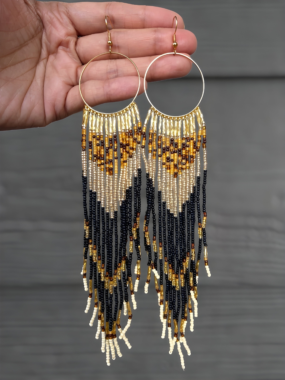 Rock Geo Boho Fringe Beaded Earrings Handmade Seed Bead Statement Jewelry